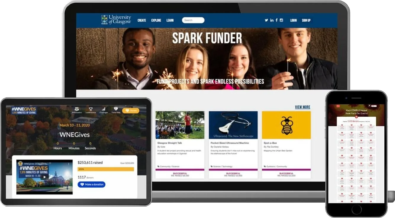 The Hubbub fundraising platform shown on a laptop, tablet and phone
