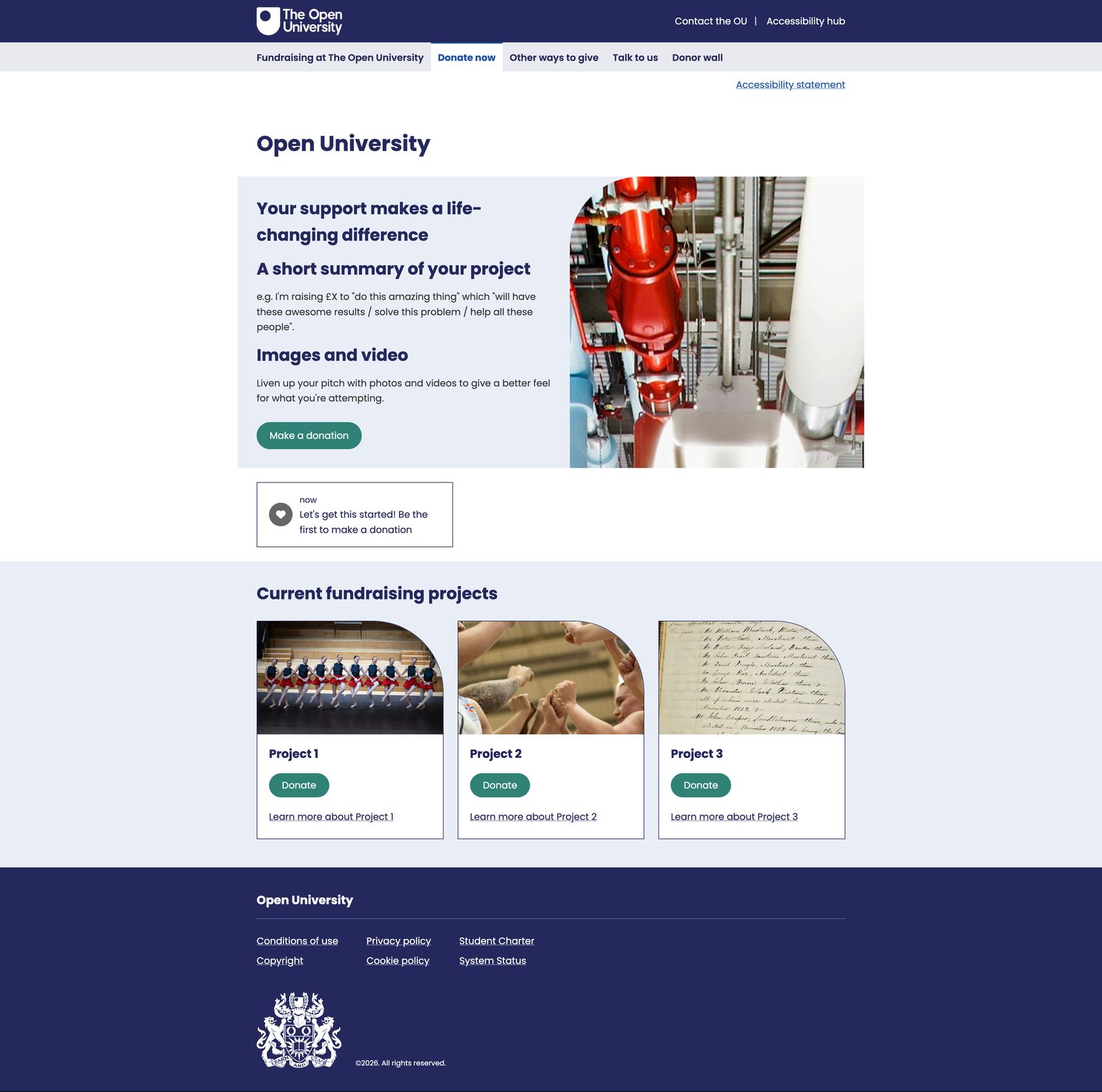 The Open University donation site: their navy header and crest, their secondary navigation, and a grid of project tiles with curved corners